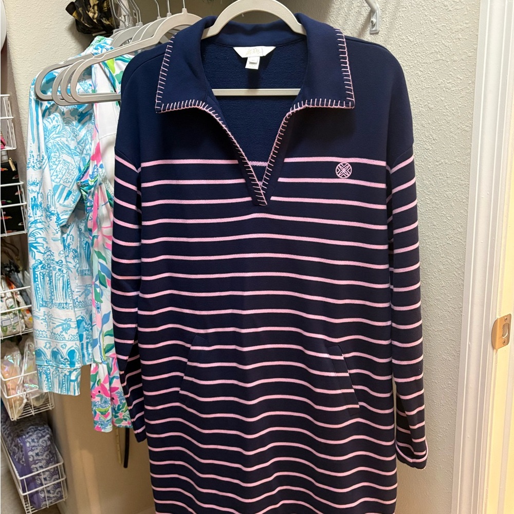 Lilly Pulitzer Navy Pink Whipstitch V-Neck Dress Knit